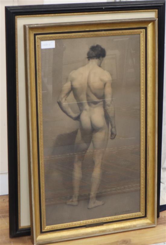 Two late Victorian charcoal and chalk art school studies of standing male nude and similar in classical poise, 65 x 40cm approximately